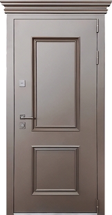 Входная уличная термодверь с карнизом, металлобагетом и коричневым полимерным окрашиванием